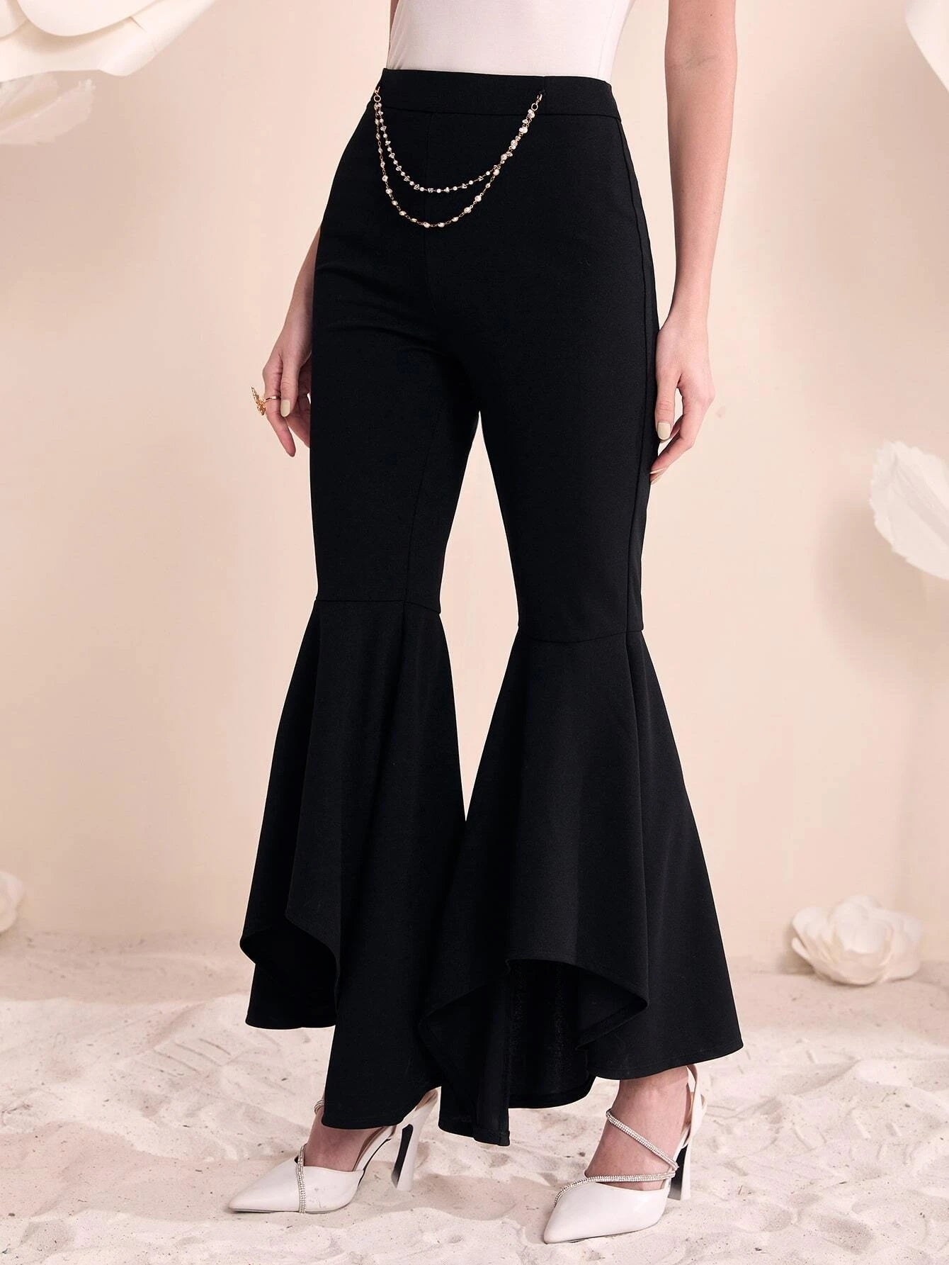 CM-BS138331 Women Elegant Seoul Style High Waist Chain Detail Flare Leg Pants - Black