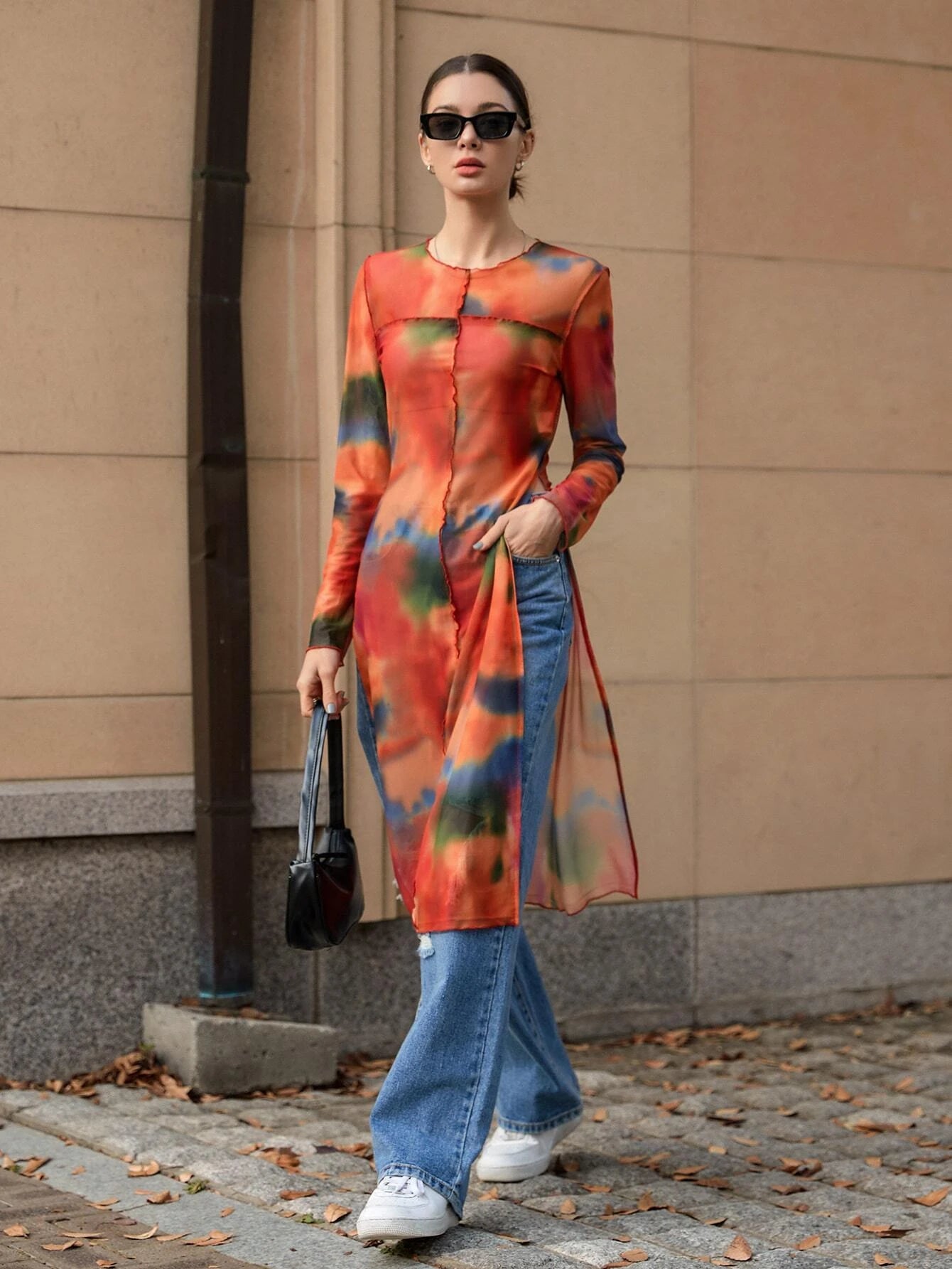 CM-TS133331 Women Casual Seoul Style Round Neck Tie Dye Split Thigh Longline Top