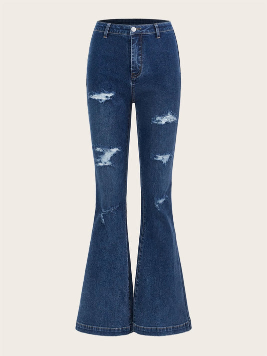 CM-BS581628 Women Preppy Seoul Style Medium Wash Ripped Flare Leg Jeans