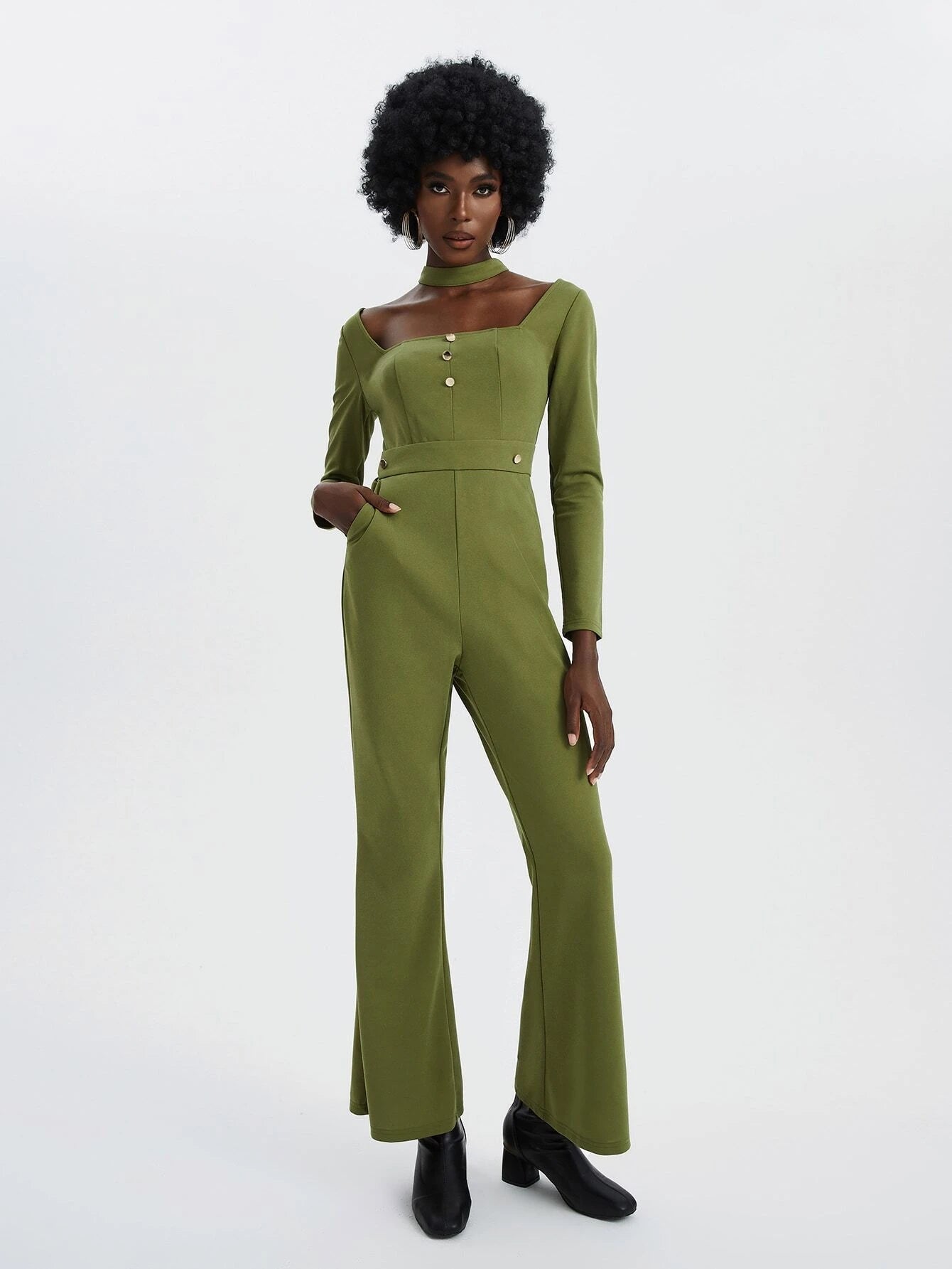 CM-JS706737 Women Elegant Seoul Style Square Neck Button Detail Flare Leg Jumpsuit