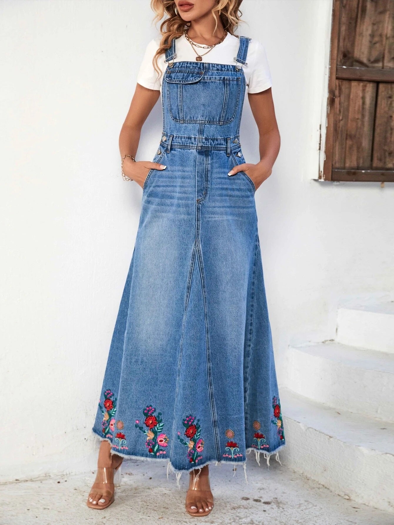CM-DS652111 Women Preppy Seoul Style Light Wash Floral Embroidery Flap Pocket Denim Dress