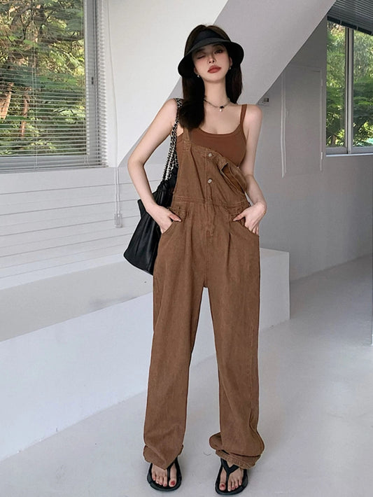 CM-JS954796 Women Preppy Seoul Style Solid Button Front Denim Overalls - Coffee Brown