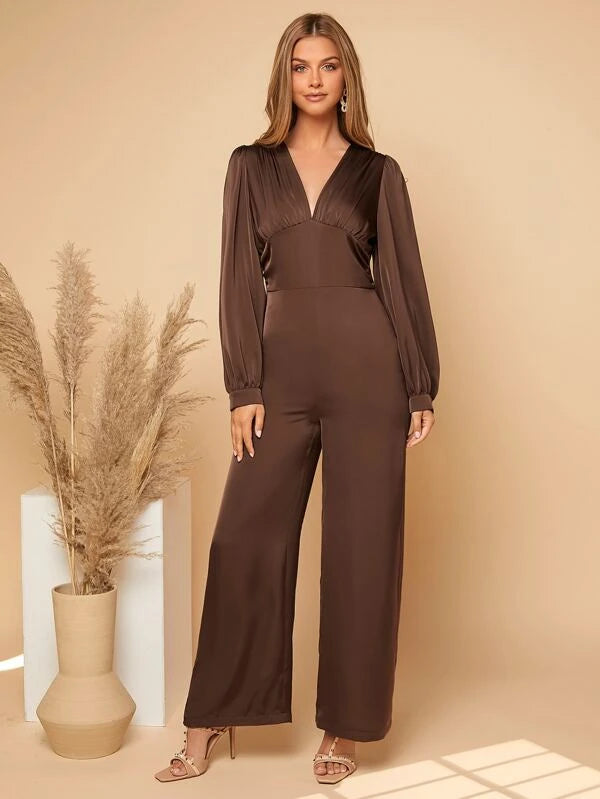 CM-JS301818 Women Elegant Seoul Style Ruched Lantern Sleeve Jumpsuit - Brown