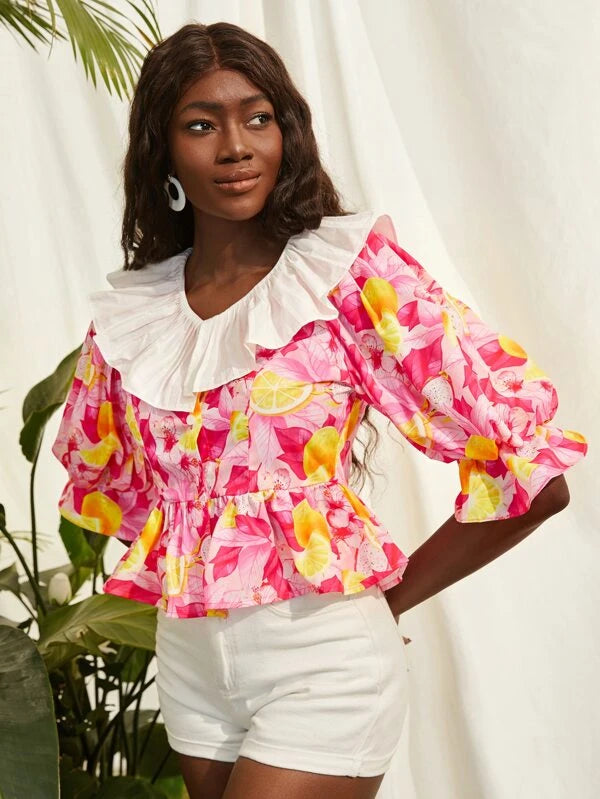 CM-TS847226 Women Trendy Bohemian Style Fruit Print Ruffle Trim Peplum Top