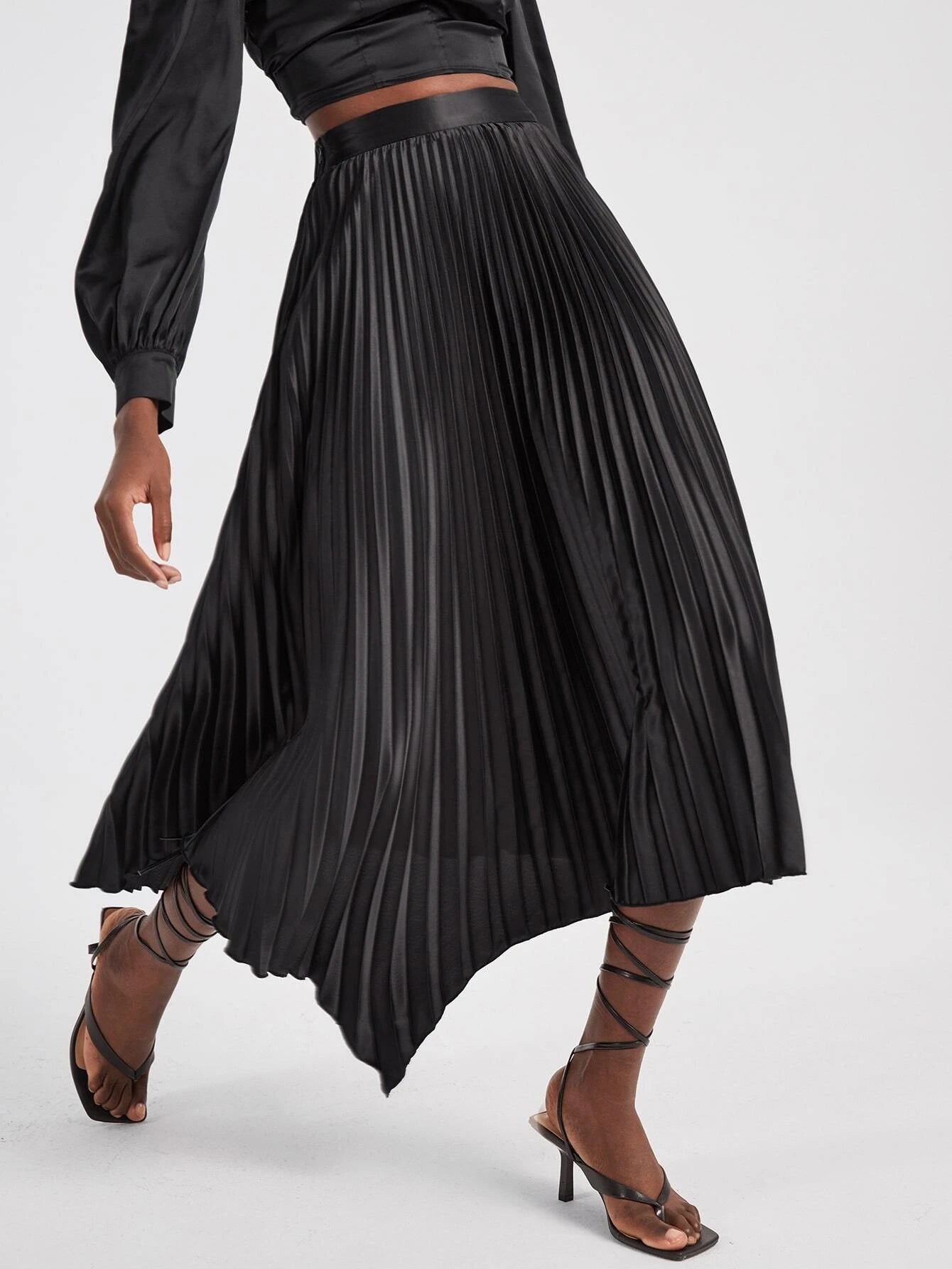 CM-BS477198 Women Elegant Seoul Style Asymmetrical Hem Pleated Skirt - Black