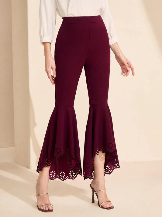 CM-BS098383 Women Casual Seoul Style Laser Cut Out High Low Hem Flare Leg Pants