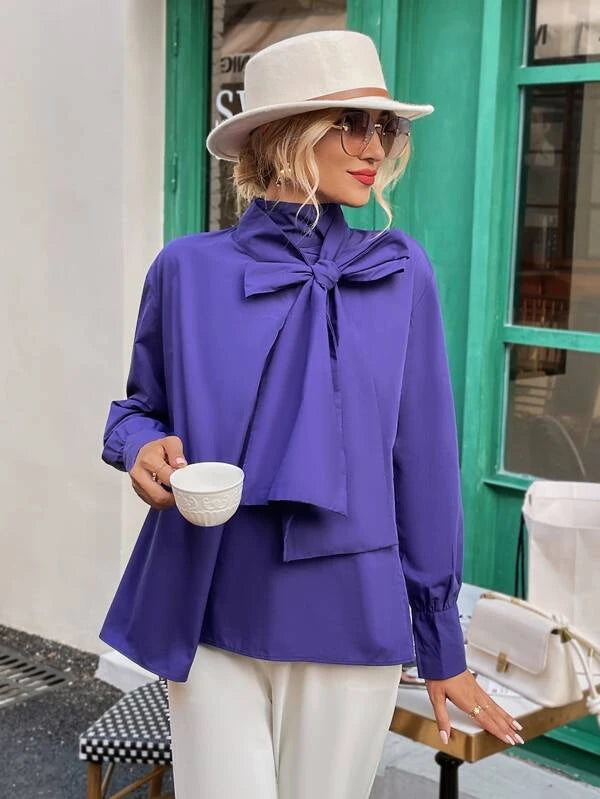 CM-TS466367 Women Elegant Seoul Style Solid Tie Front Long Sleeve Blouse - Purple