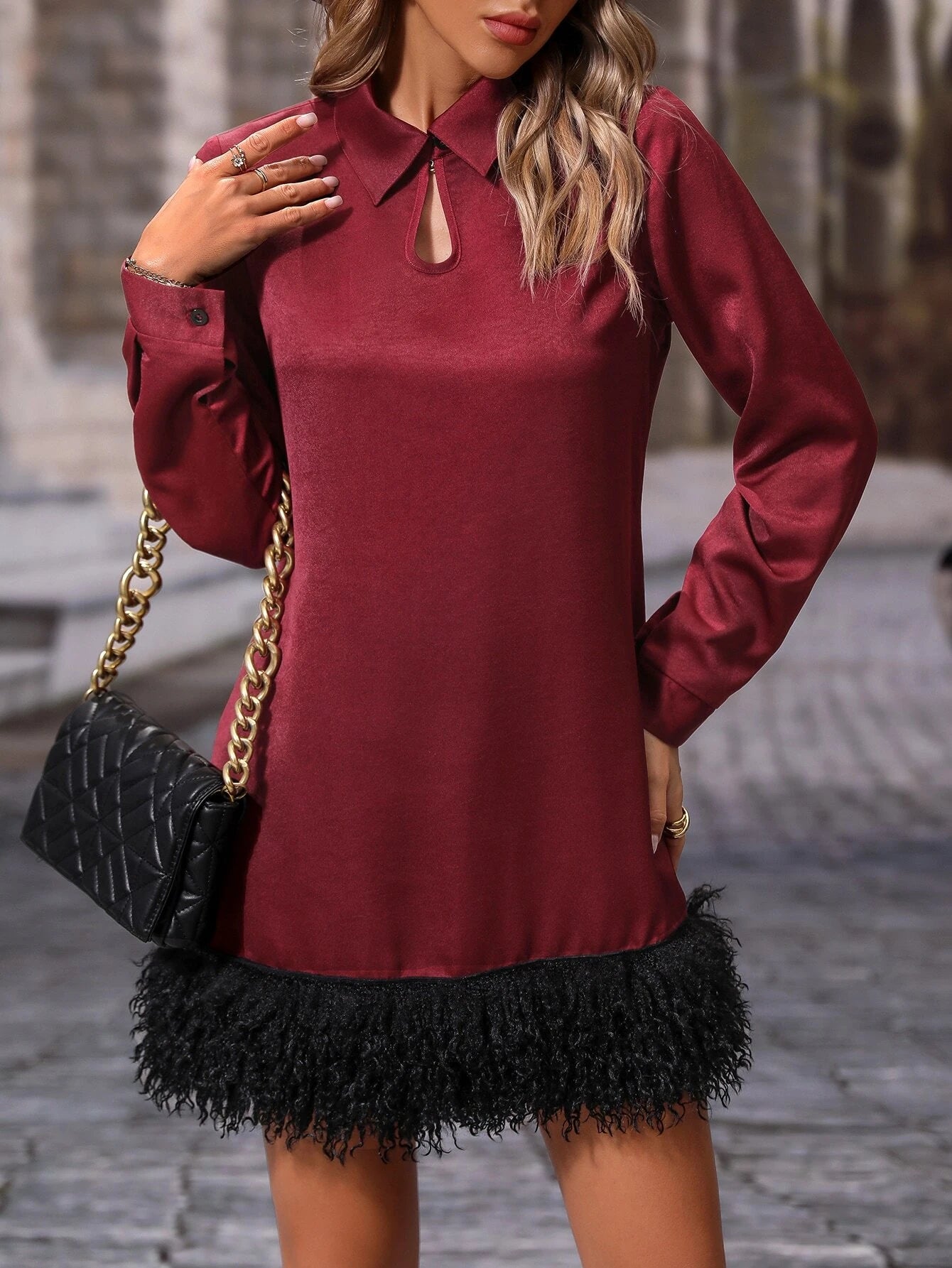 CM-DS291207 Women Elegant Seoul Style Collar Neckline Solid Fuzzy Hem Tunic Dress - Burgundy