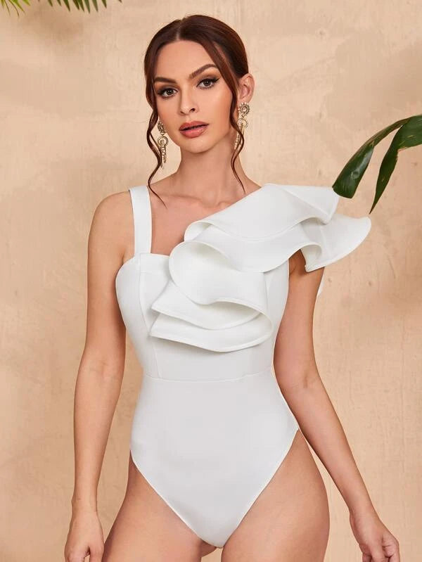CM-TS847371 Women Elegant Seoul Style Asymmetrical Neck Layered Trim Bodysuit - White
