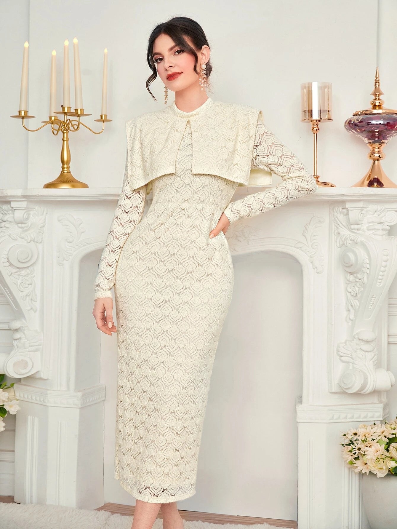 CM-DS888011 Women Elegant Seoul Style Foldover Front Split Back Lace Overlay Dress