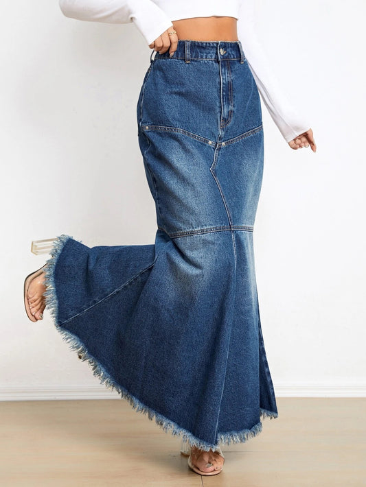 CM-BS523977 Women Casual Seoul Style High Waist Raw Trim Mermaid Hem Denim Skirt