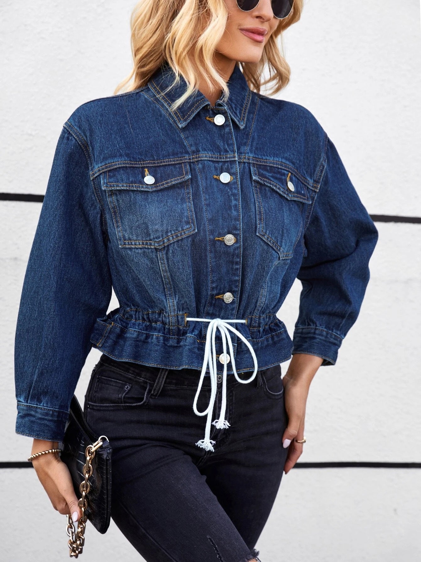 CM-CS611201 Women Preppy Seoul Style Flap Pocket Drop Shoulder Drawstring Waist Denim Jacket