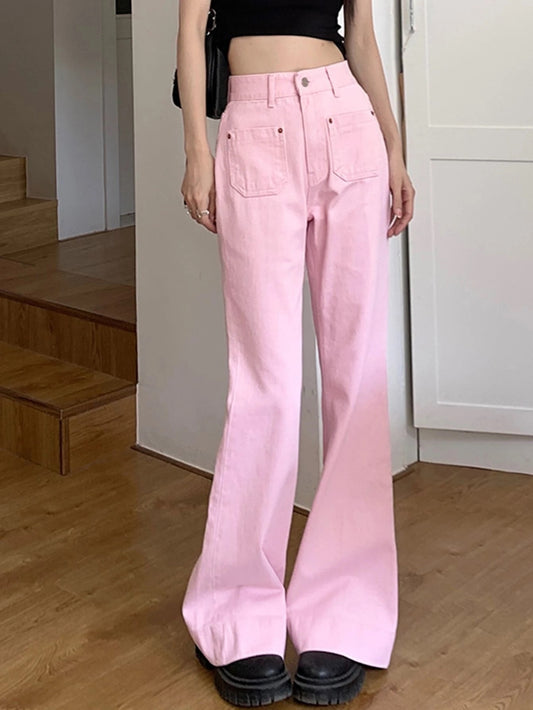 CM-BS994990 Women Preppy Seoul Style Solid Wide Leg Jeans - Baby Pink