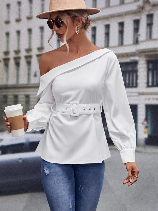 CM-TS268667 Women Elegant Seoul Style Asymmetrical Neck Belted Blouse - White