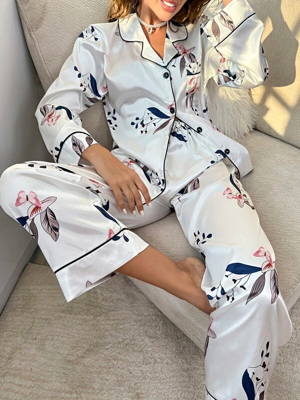 CM-LS415962 Women Trendy Seoul Style Butterfly Print Contrast Piping Satin Shirt With Pants Pajama Set