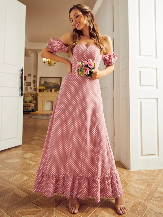 CM-DS075582 Women Trendy Bohemian Style Polka Dot Off Shoulder Ruffle Hem Dress