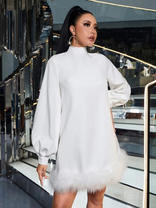CM-DS169238 Women Elegant Seoul Style Mock Neck Fuzzy Trim Lantern Sleeve Dress