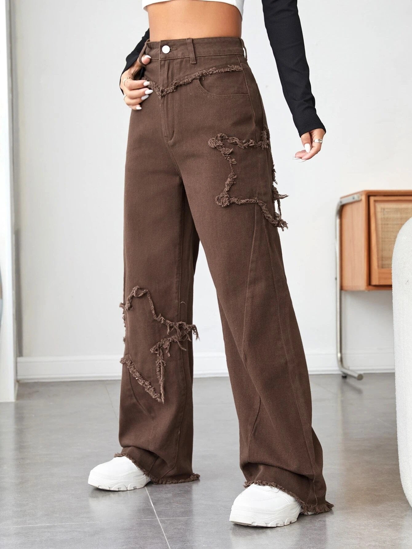 CM-BS571791 Women Casual Seoul Style High Waist Raw Trim Wide Leg Jeans - Coffee Brown