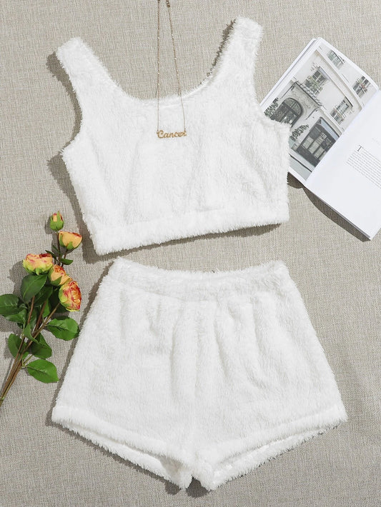 CM-LS824874 Women Trendy Seoul Style Plush Tank Top With Shorts Teddy Lounge Set - White