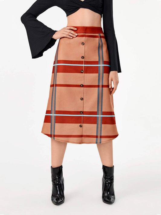 CM-BS778887 Women Casual Seoul Style High Waist Button Front Plaid Skirt