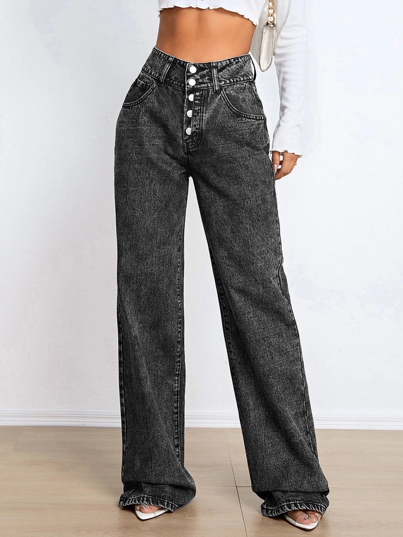 CM-BS607517 Women Preppy Seoul Style High Waist Button Fly Straight Leg Jeans