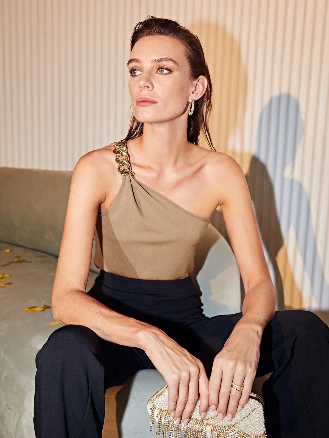 CM-TS356269 Women Casual Seoul Style Premium One Shoulder Chain Top - Khaki