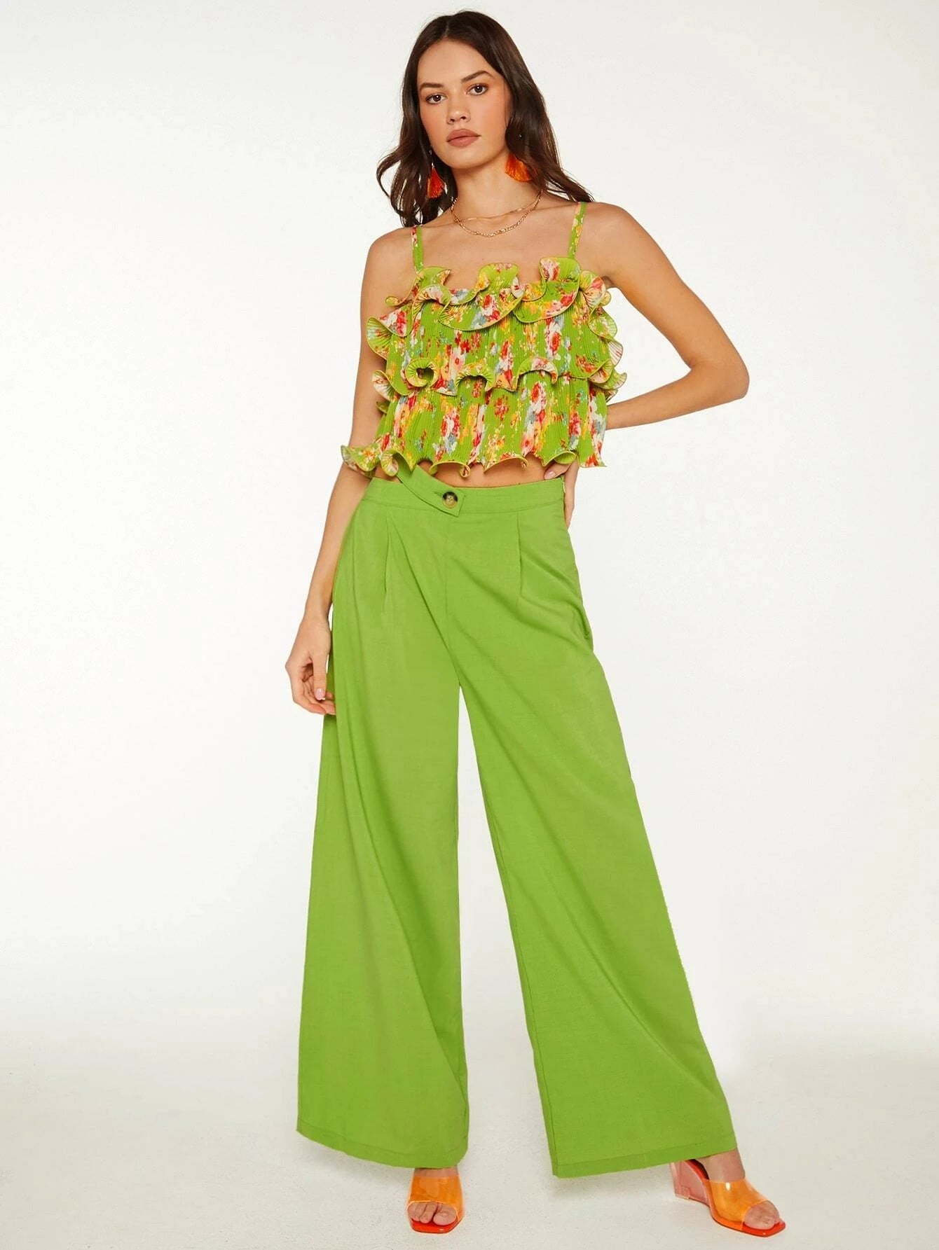 CM-BS971157 Women Elegant Seoul Style High Waist Solid Wide Leg Pants - Lime Green