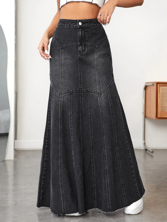 CM-BS743444 Women Preppy Seoul Style High Waist Mermaid Hem Denim Skirt - Black