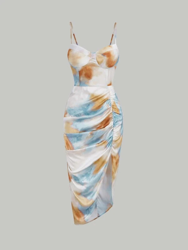 CM-DS528742 Women Elegant Seoul Style Tie Dye Ruched Asymmetrical Hem Bustier Cami Dress