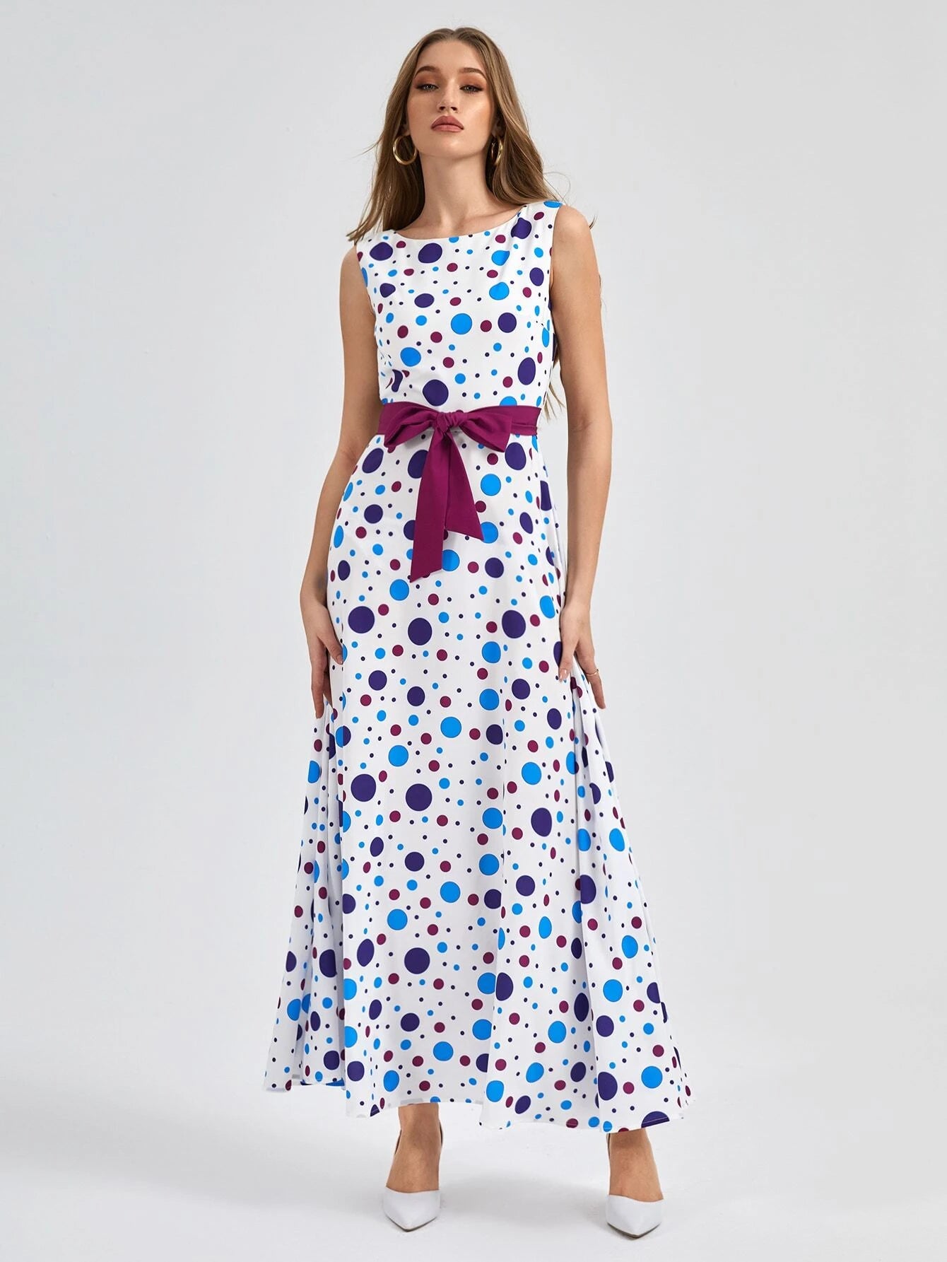 CM-DS833543 Women Elegant Seoul Style Sleeveless Polka Dot Belted A-Line Dress