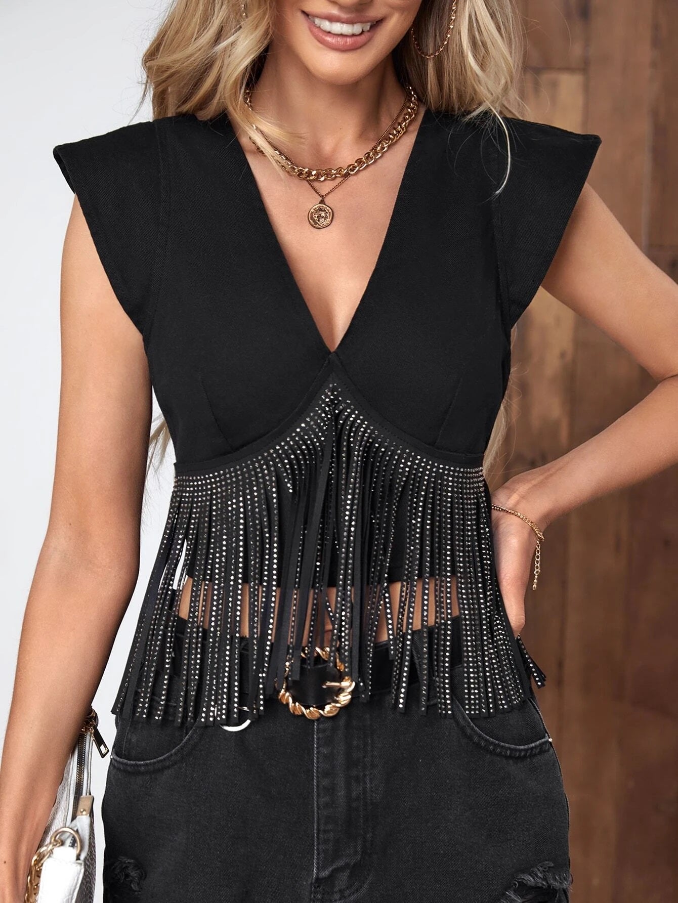 CM-TS430880 Women Casual Seoul Style Cap Sleeve Fringe Trim Crop Tank Top - Black