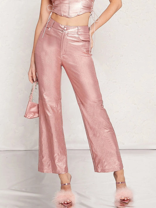 CM-BS609672 Women Elegant Seoul Style High Waist Straight Leg PU Leather Pants - Dusty Pink