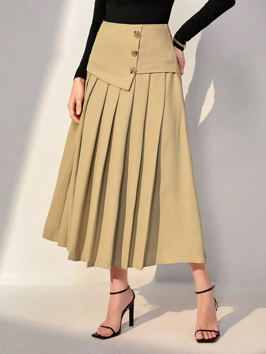 CM-BS757591 Women Preppy Seoul Style High Waist Fold Pleated Skirt - Khaki