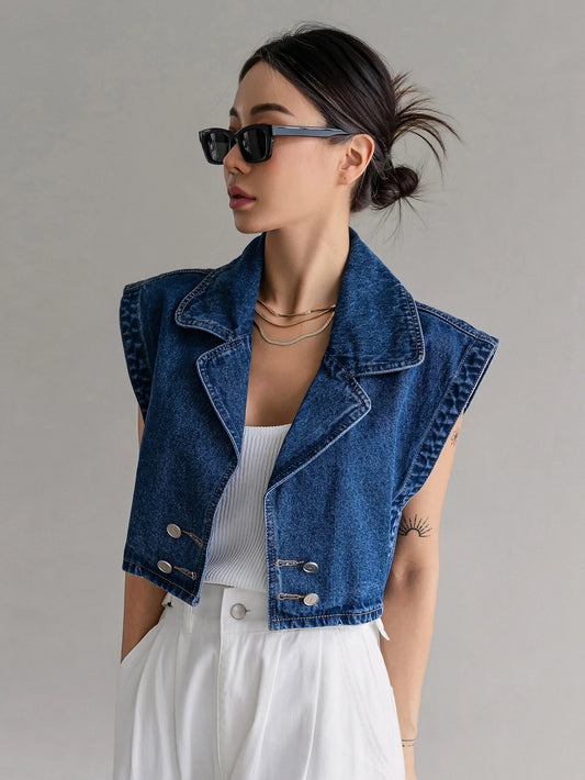 CM-TS223127 Women Casual Seoul Style Batwing Sleeve Double Breasted Denim Shirt