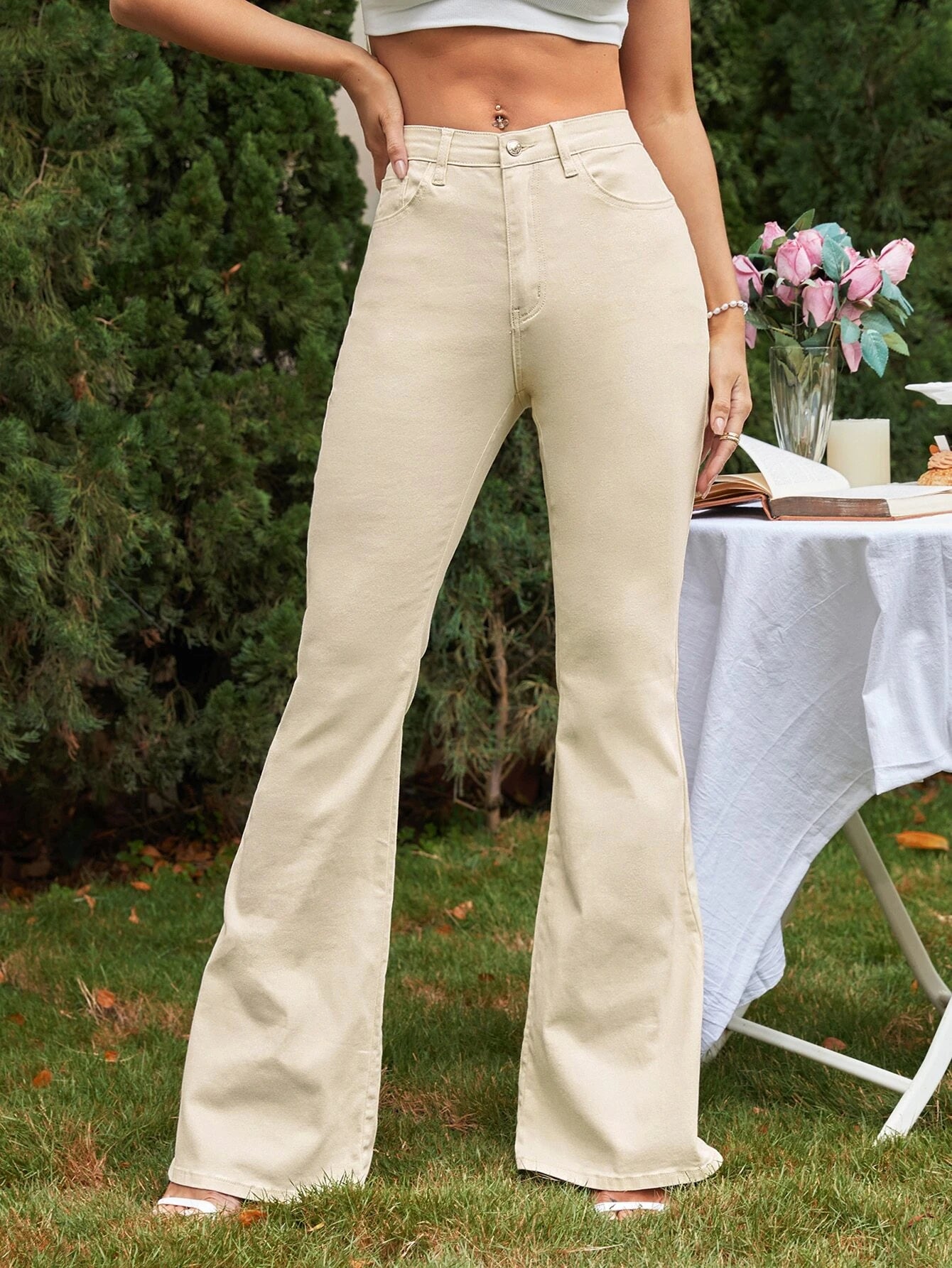 CM-BS944297 Women Casual Seoul Style Zip Fly Flare Leg Jeans - Beige