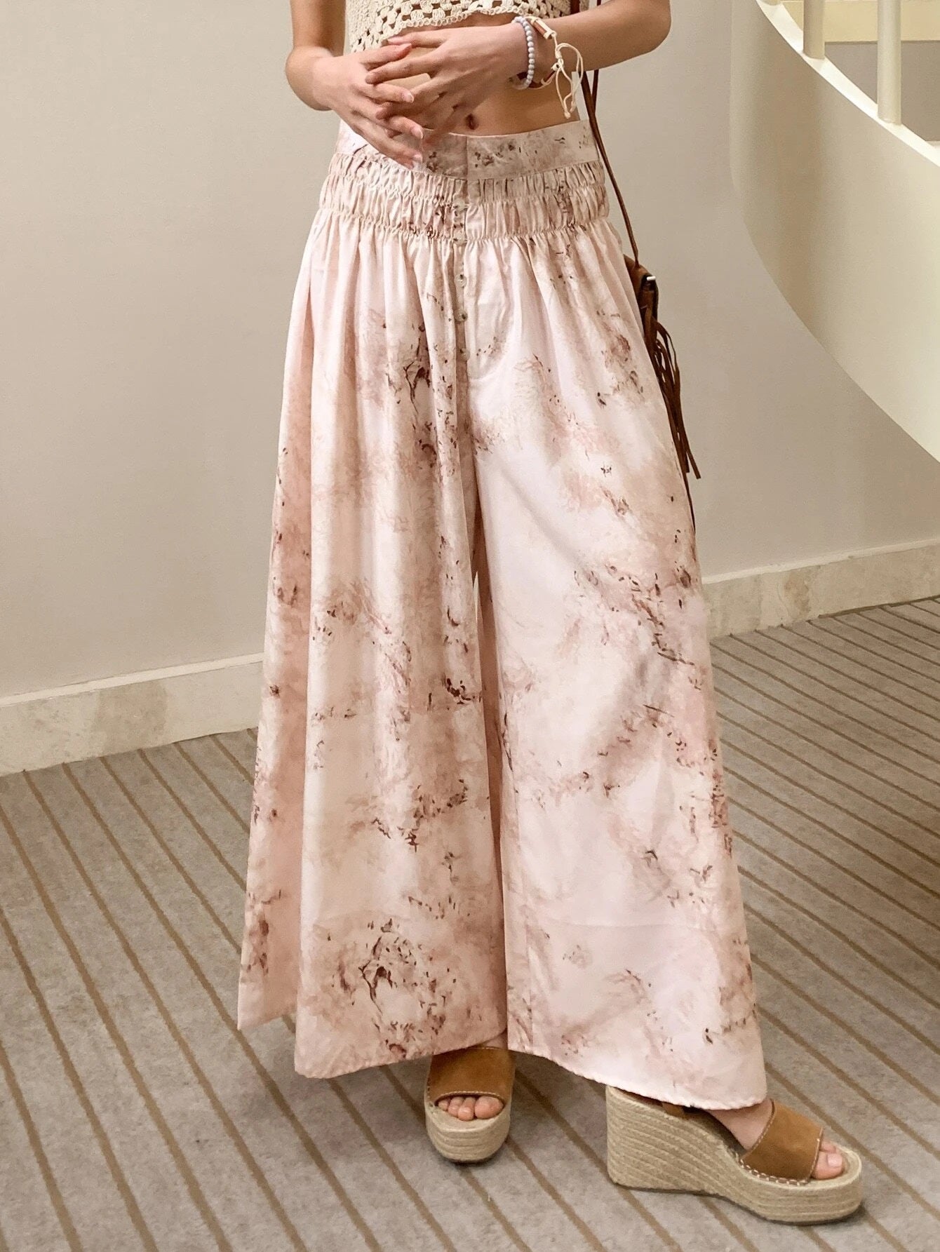 CM-BS827796 Women Trendy Seoul Style Marble Print Shirred Waist Wide Leg Pants