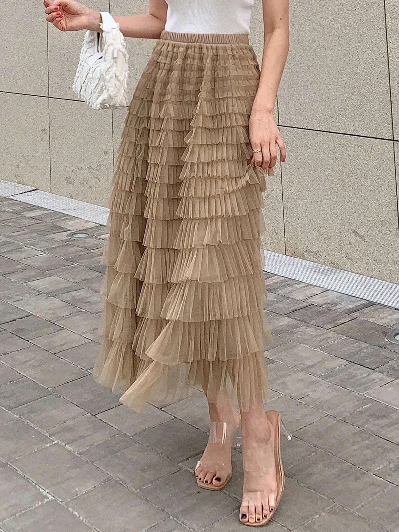 CM-BS317162 Women Casual Seoul Style Solid Layer Mesh Overlay Skirt - Khaki