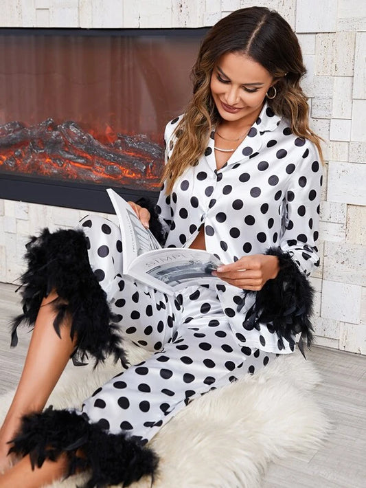 CM-LS028332 Women Trendy Seoul Style Polka Dot Print Fuzzy Cuff Pajama Set