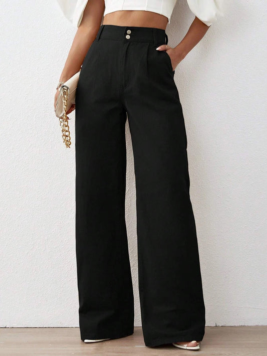 CM-BS432020 Women Preppy Seoul Style Solid High Waist Wide Leg Jeans - Black