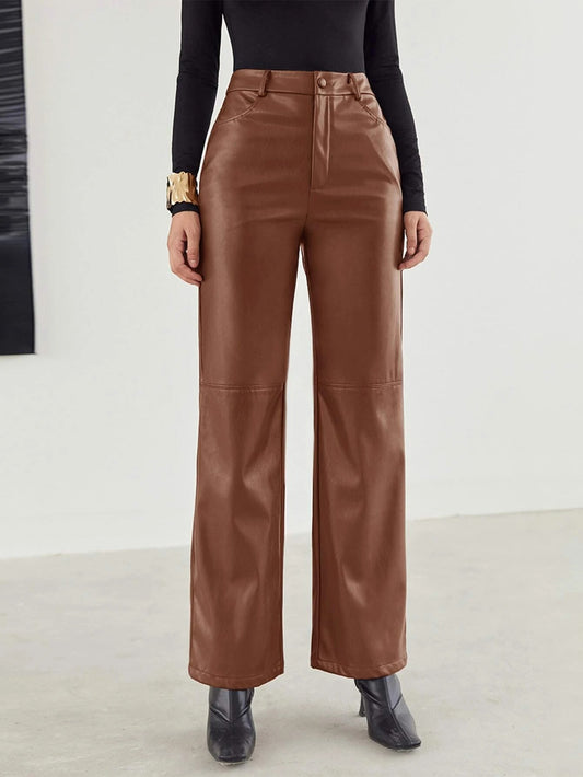 CM-BS208128 Women Elegant Seoul Style Zipper Fly Palazzo PU Pants - Brown