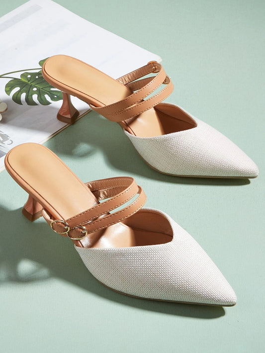 CM-SHS249418 Women Trendy Seoul Style Buckle Detail Kitten Heeled Mule Pumps - Beige