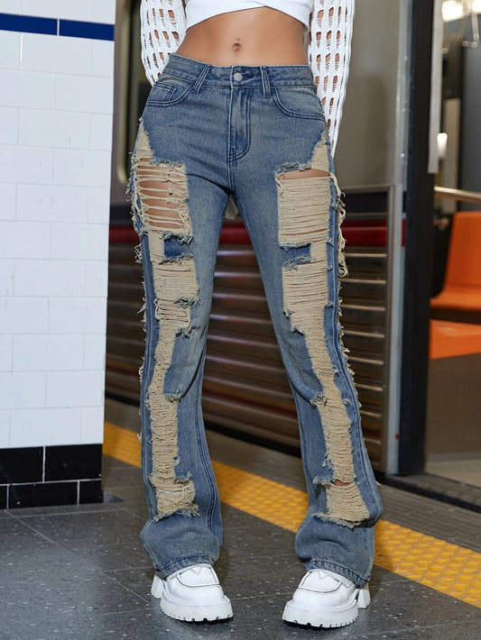 CM-BS865568 Women Preppy Seoul Style Street Slant Pocket Ripped Flare Leg Jeans