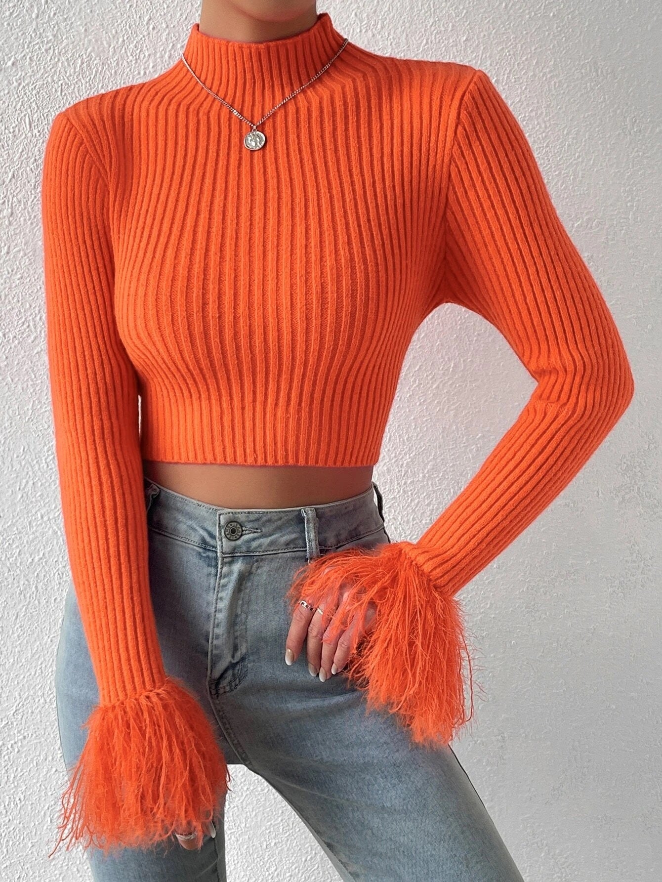 CM-CS838908 Women Casual Seoul Style Mock Neck Fuzzy Cuff Crop Sweater - Orange