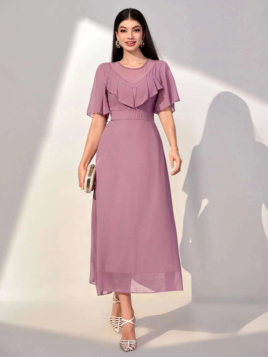 CM-DS403387 Women Elegant Seoul Style Round Neck Solid Ruffle Trim Dress - Mauve Purple