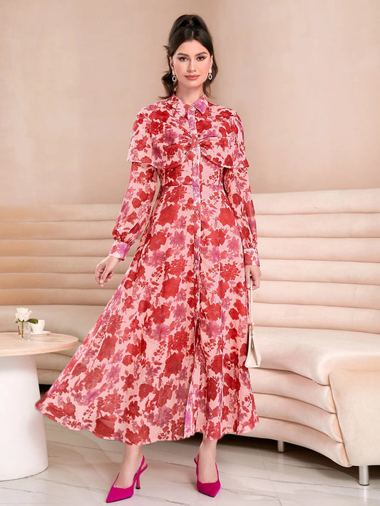 CM-DS851011 Women Elegant Seoul Style Allover Floral Print Tie Neck Bishop Sleeve Dress