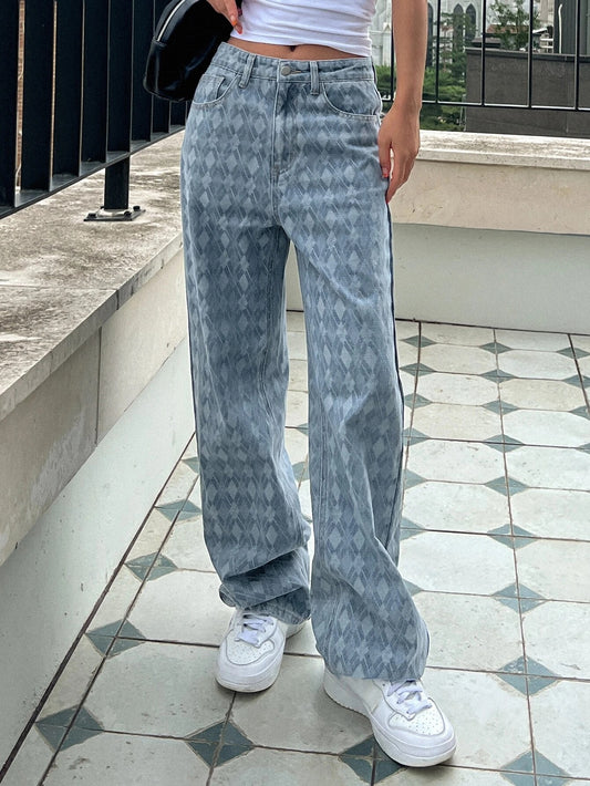 CM-BS232339 Women Preppy Seoul Style Light Wash Argyle Pattern Wide Leg Jeans