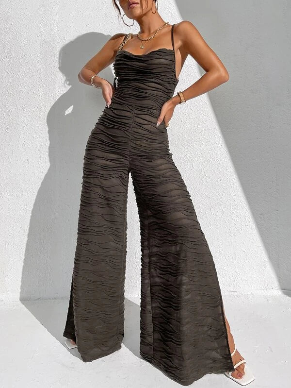 CM-JS292304 Women Casual Seoul Style Split Hem Textured Lace Up Backless Cami Jumpsuit