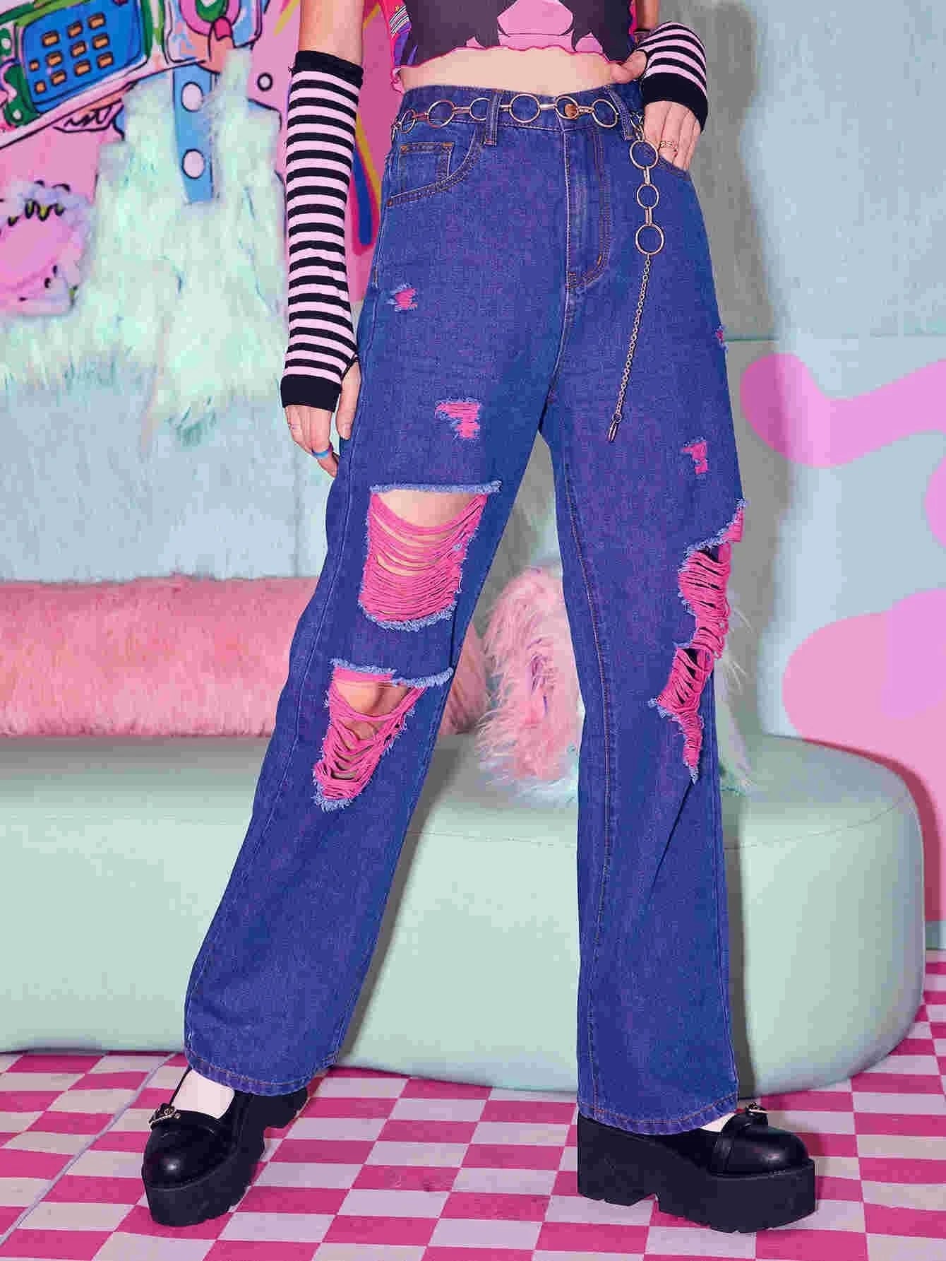 CM-BS896266 Women Elegant Seoul Style Dark Wash Ripped Straight Leg Jeans