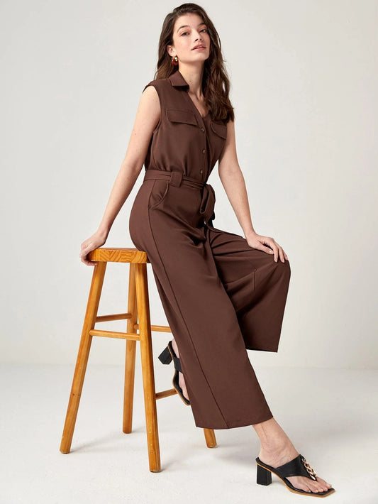 CM-JS581582 Women Casual Seoul Style Button Front Belted Wide Leg Jumpsuit - Coffee Brown