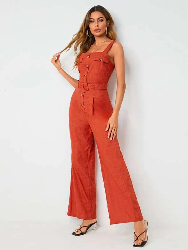 CM-JS038166 Women Trendy Bohemian Style Flap Pocket Detail Buckle Belted Palazzo Jumpsuit